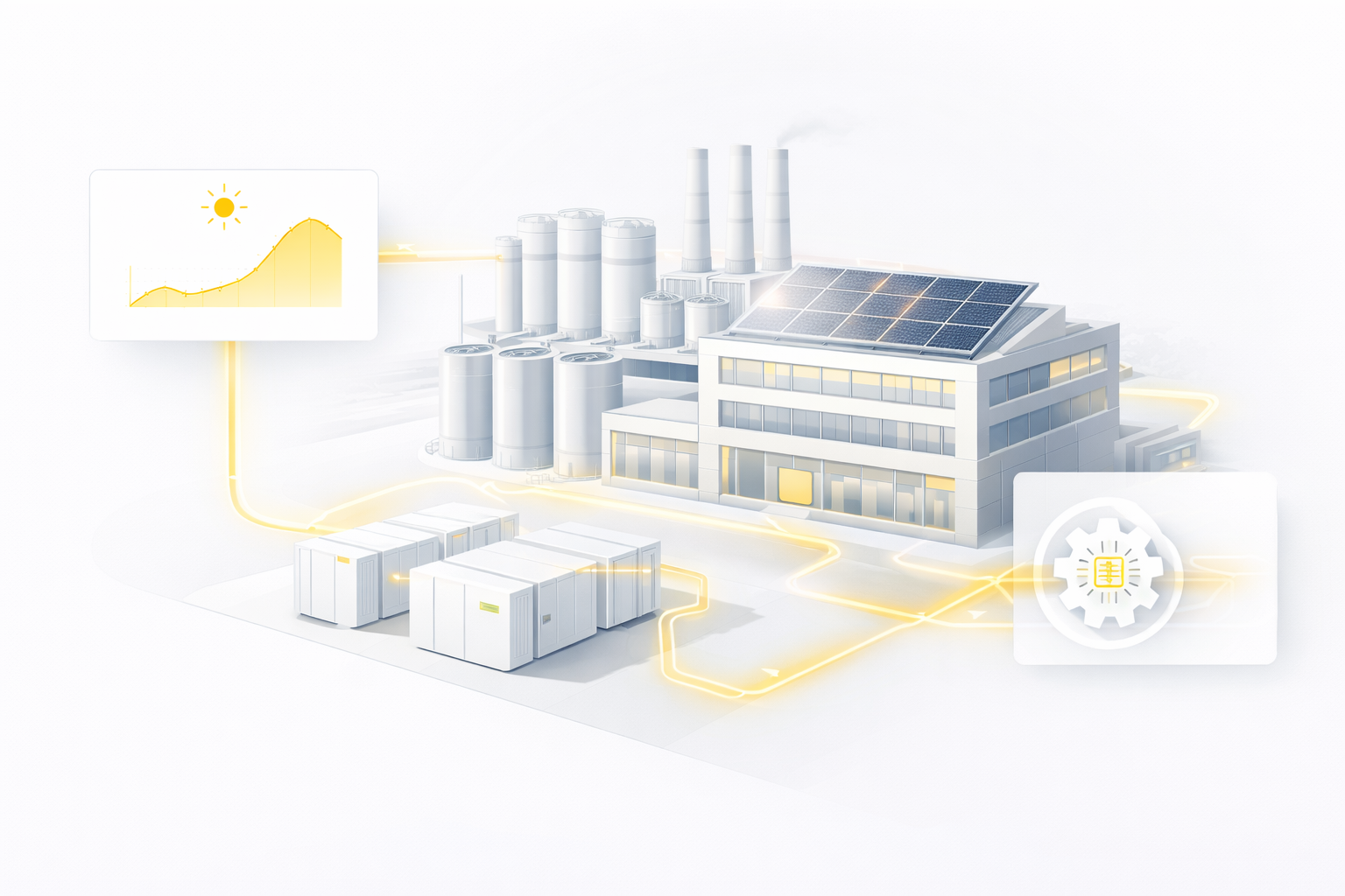 Instalación industrial con fotovoltaica en cubierta, contenedores de baterías y el gateway de NeuraSun